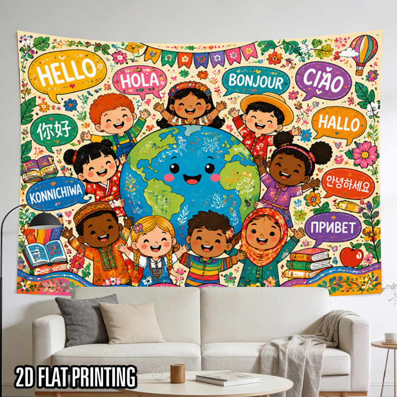 Kids Education World - International Language Greetings World Map Tapestry