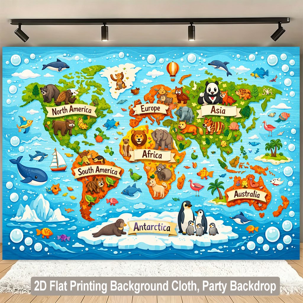 Kids Education World - Cute Animal World Map Tapestry, Kids